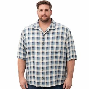Tommy Bahama Silk Camp Shirt Blue Plaid Button Up Hawaiian Size XL Resort